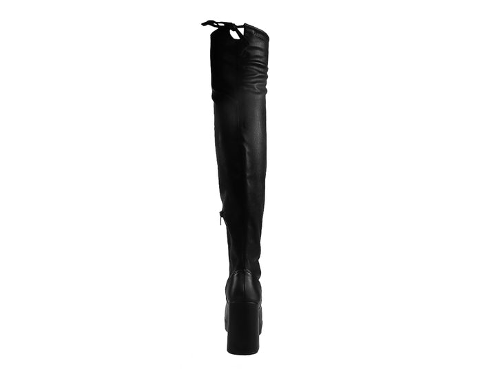 Botas altas negras sobre la rodilla con tacón cuadrado y plataforma.
