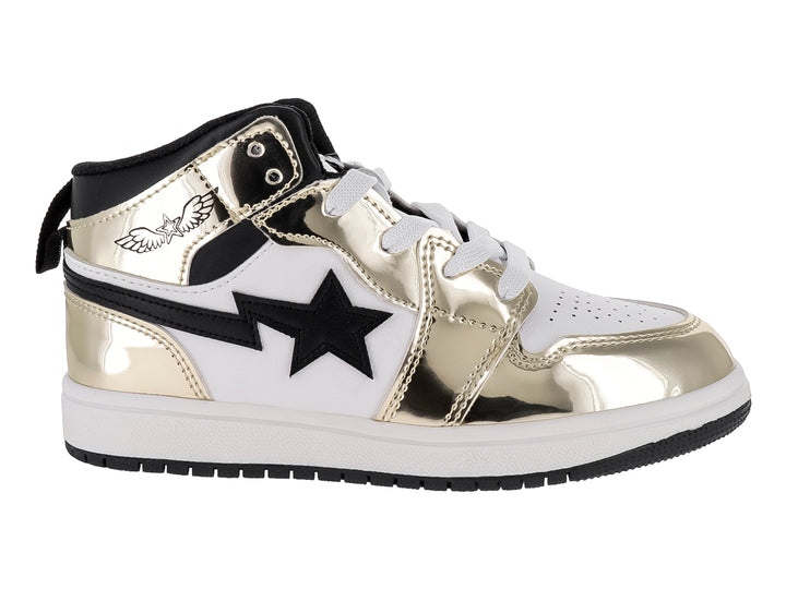 Tenis deportivos de bota alta en colores blanco, negro y dorado efecto espejo con detalle de estrella lateral.
