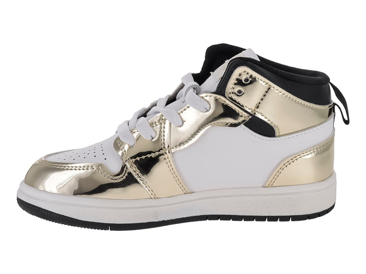 Tenis deportivos de bota alta en colores blanco, negro y dorado efecto espejo con detalle de estrella lateral.
