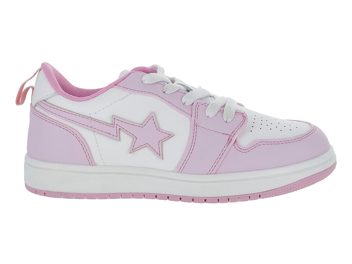 Tenis deportivos color rosa y blanco con un detalle de estrella en el lateral y suela blanca.