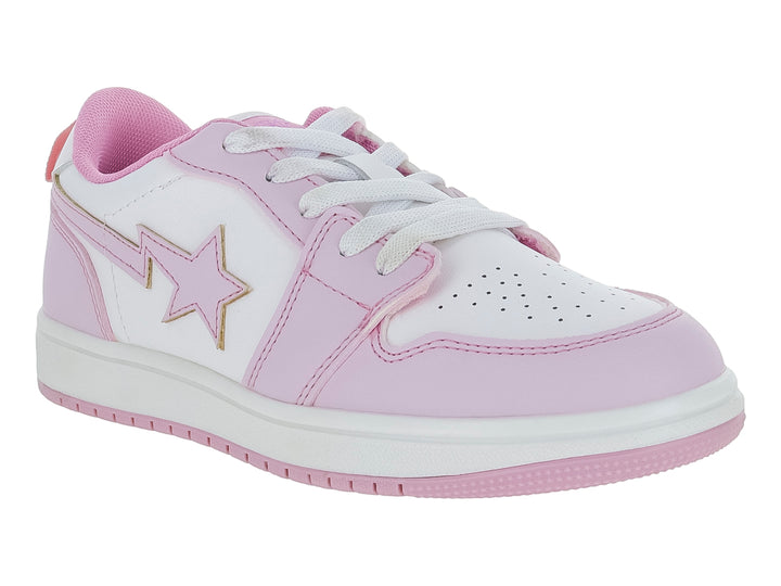 Tenis deportivos color rosa y blanco con un detalle de estrella en el lateral y suela blanca.