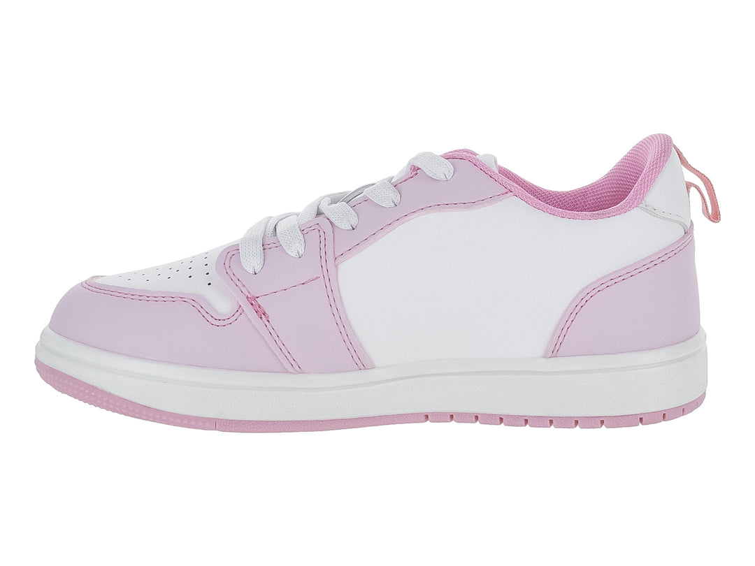 Tenis deportivos color rosa y blanco con un detalle de estrella en el lateral y suela blanca.