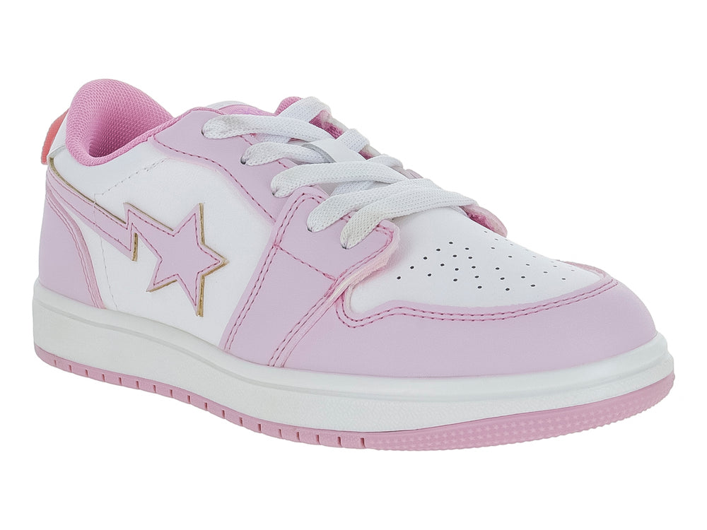 Tenis deportivos para niña en colores rosa y blanco con un detalle de estrella en el lateral.