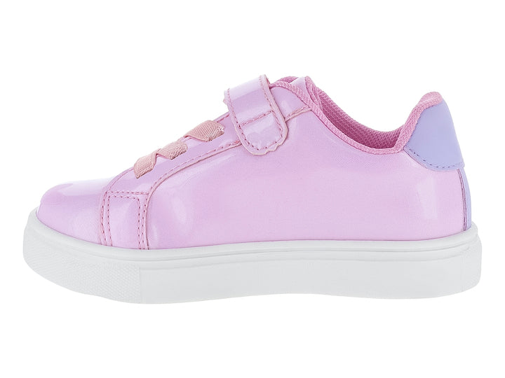 Tenis color rosa brillante para niña con decoraciones de corazones, soles y caritas felices con suela blanca.