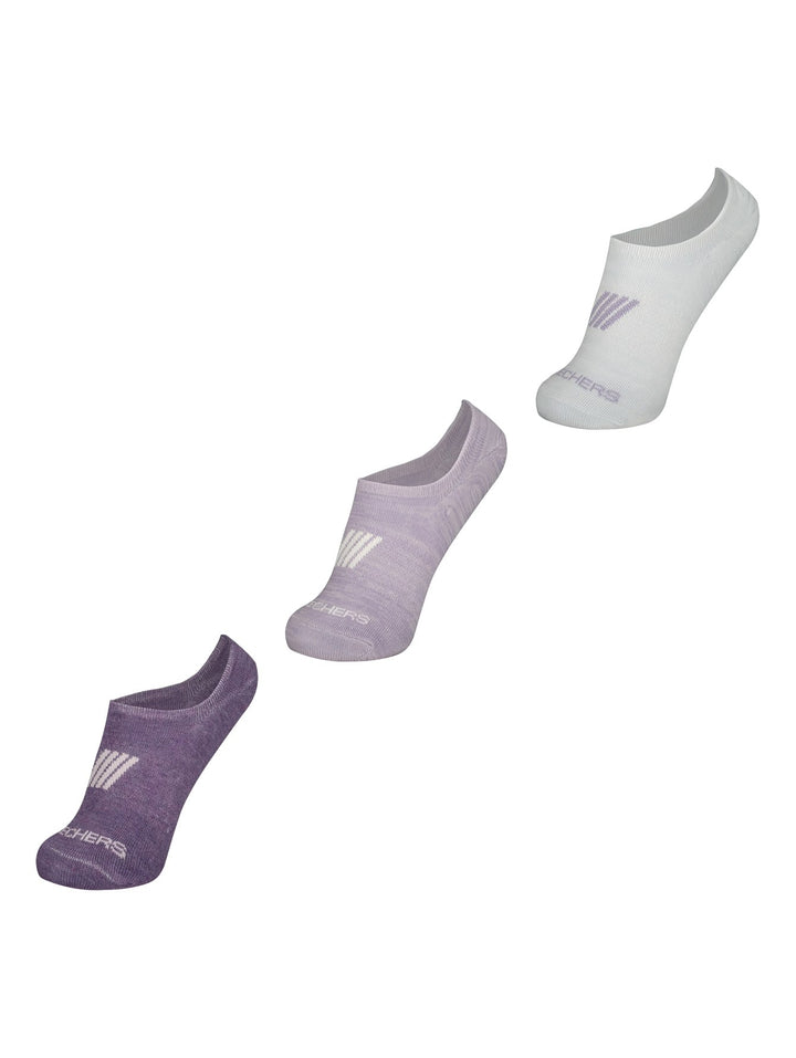 Set de tres pares de calcetines cortos Skechers en tonos blanco y morados para mujer.