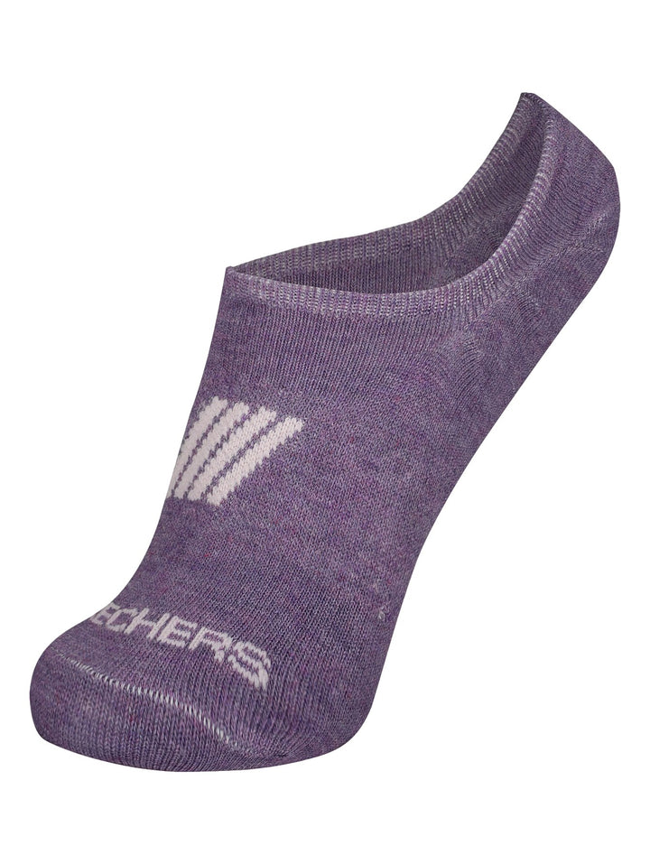 Set de tres pares de calcetines cortos Skechers en tonos blanco y morados para mujer.