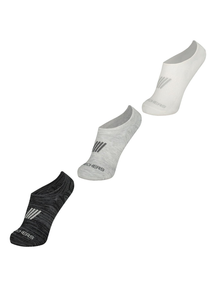 Paquete de tres pares de calcetines cortos Skechers en colores blanco, gris y negro.