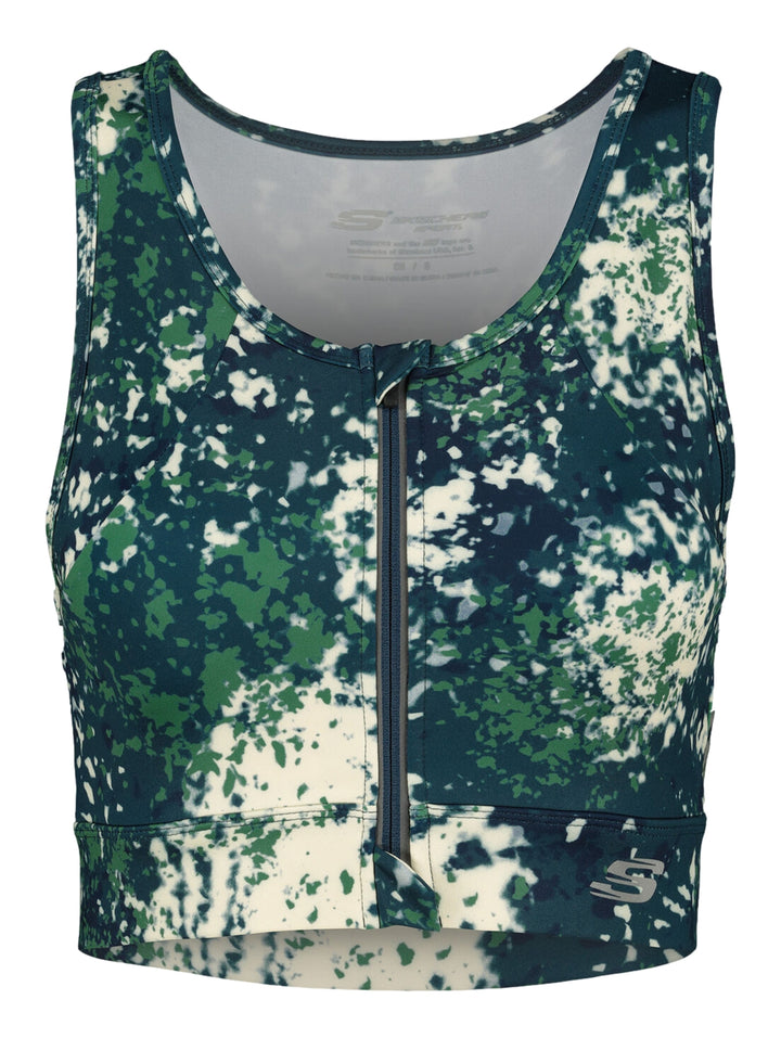 Top deportivo Skechers para mujer con cierre frontal y estampado abstracto en colores azul marino, verde y blanco.
