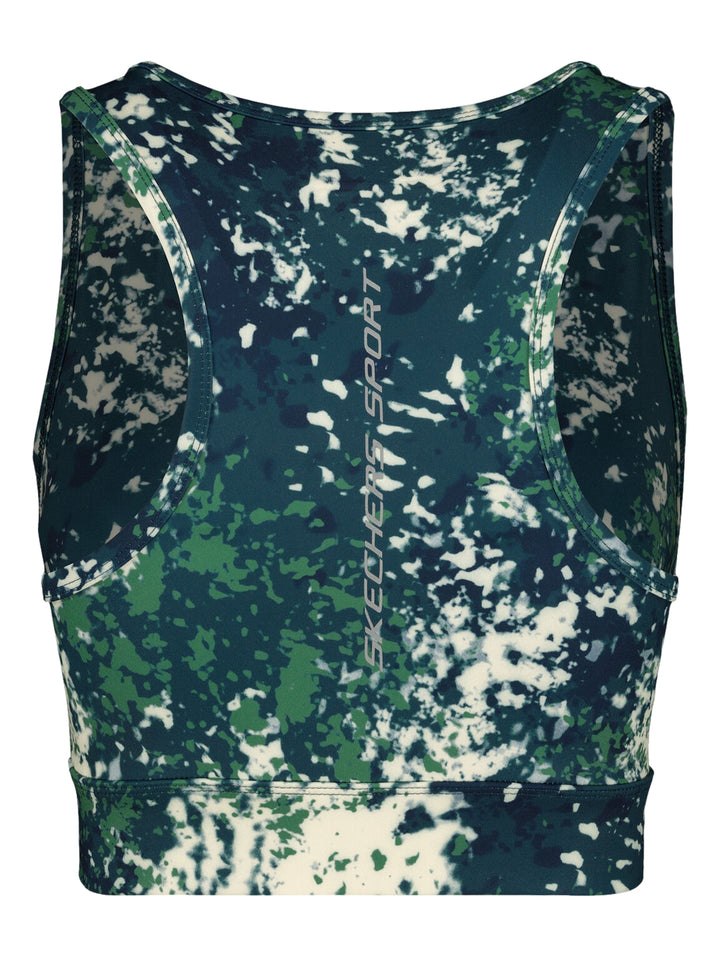 Top deportivo Skechers para mujer con cierre frontal y estampado abstracto en colores azul marino, verde y blanco.