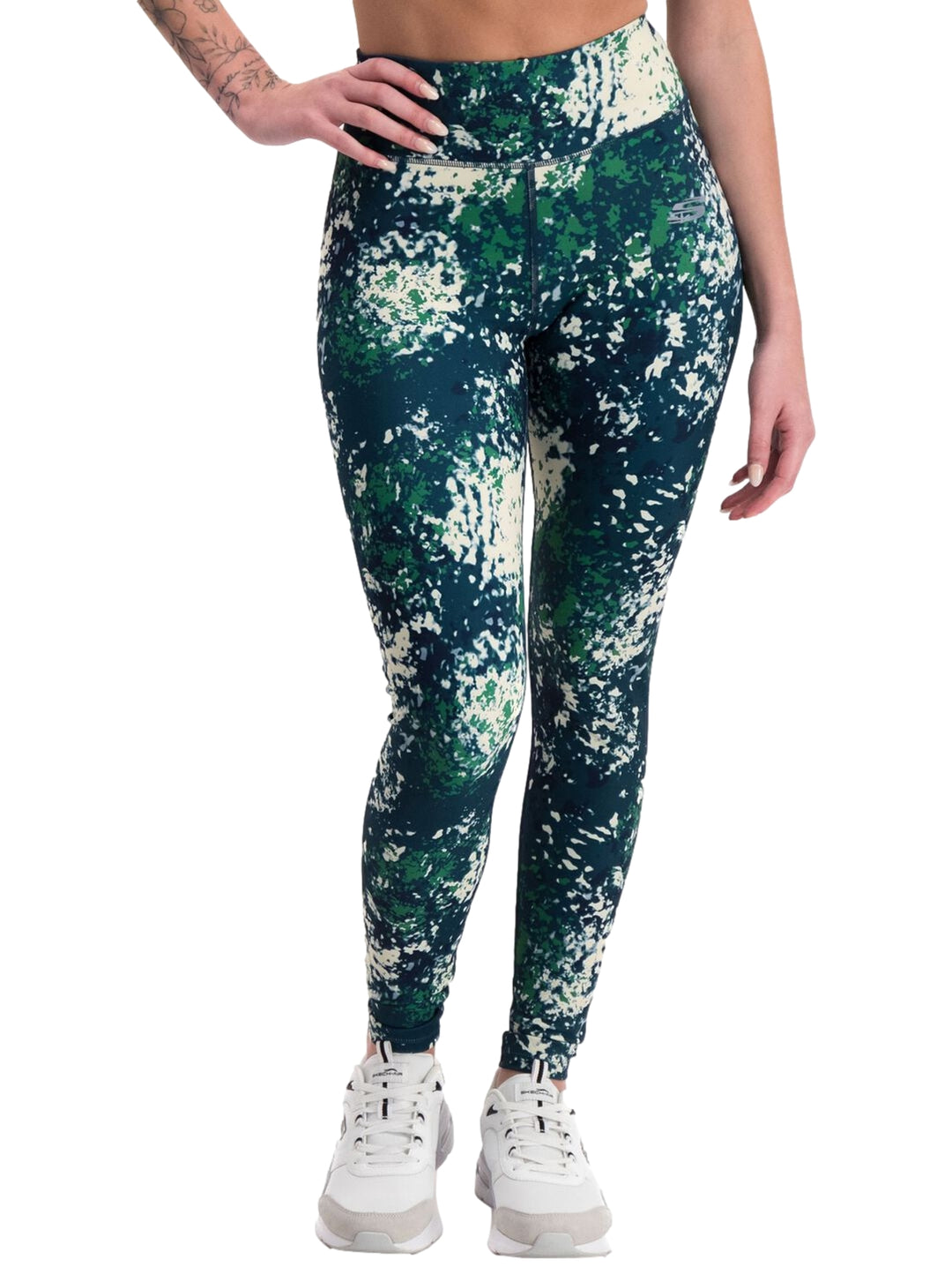Leggings deportivos Skechers para Mujer con estampado abstracto en colores marino, verde y blanco.