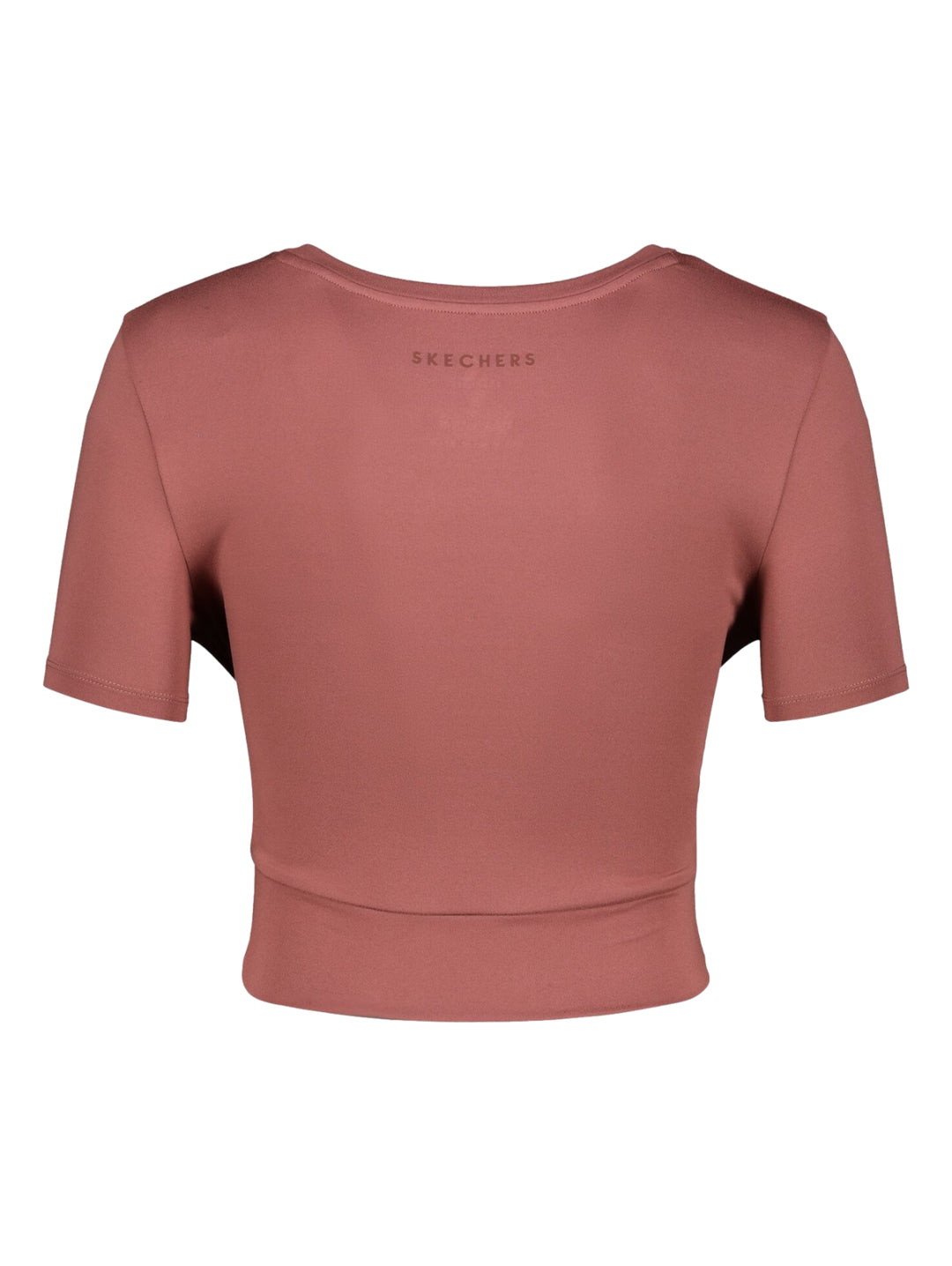 Mujer vistiendo playera deportiva Skechers color rosa oscuro con diseño cruzado en la cintura.