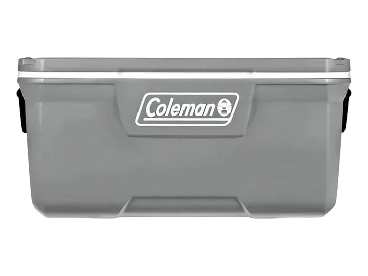 Hielera Coleman de 120 QT en color gris con tapa blanca y asas laterales negras.