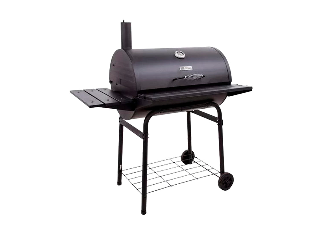 Asador ahumador de carbón color negro con patas y ruedas.