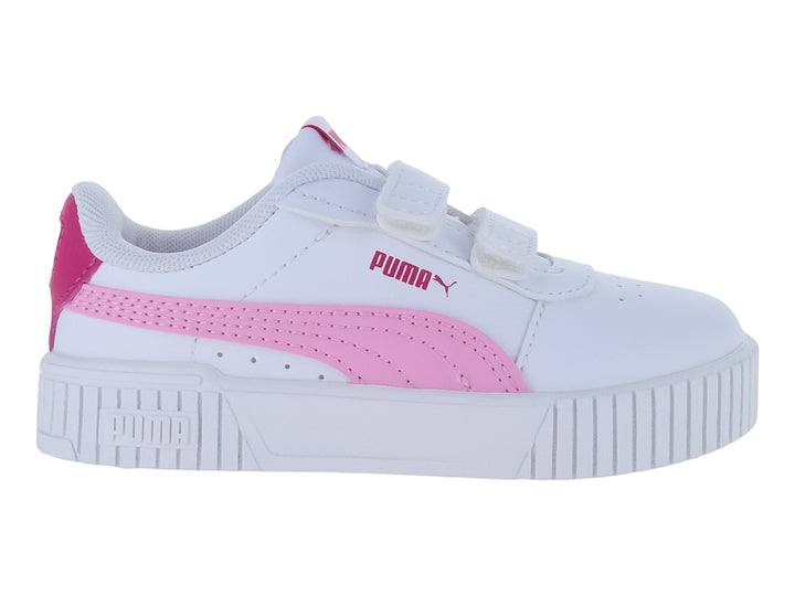 Tenis PUMA blancos con detalles en rosa y cierre de velcro para niños.