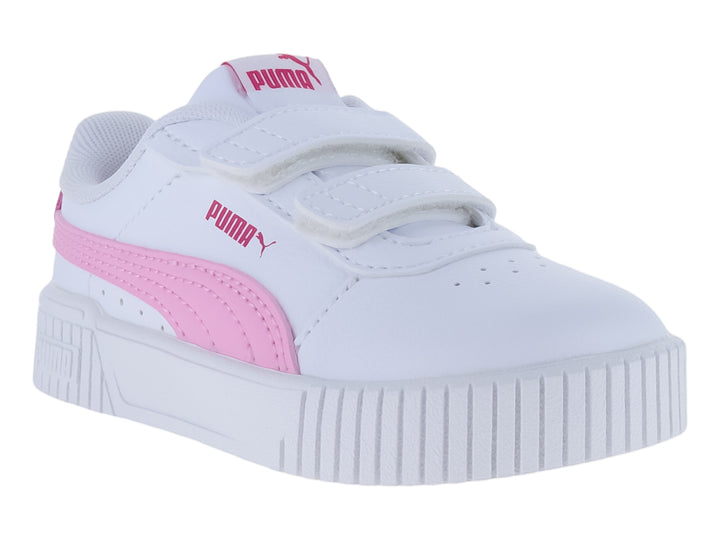 Tenis PUMA blancos con detalles en rosa y cierre de velcro para niños.