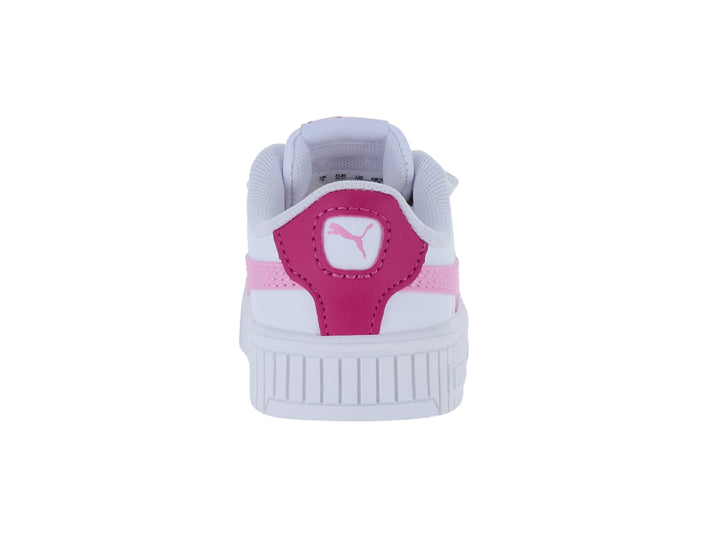 Tenis PUMA blancos con detalles en rosa y cierre de velcro para niños.
