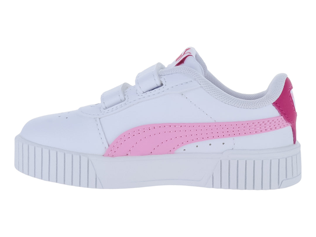 Tenis PUMA blancos con detalles en rosa y cierre de velcro para niños.