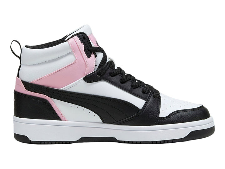 Tenis PUMA Rebound V6 de corte alto en colores blanco, negro y rosa lilac con suela blanca.