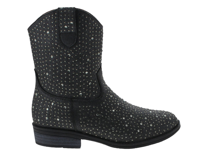 Botas vaqueras negras para mujer con detalles de pedrería brillante en toda la superficie.