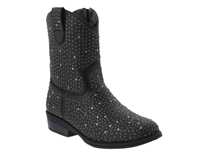 Botas vaqueras negras para mujer con detalles de pedrería brillante en toda la superficie.