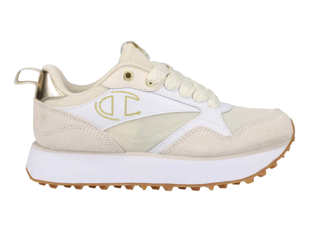 Tenis Champion en colores blanco y beige con detalles dorados y suela dentada color café.