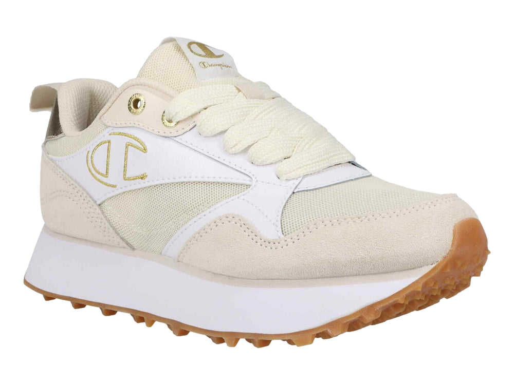 Tenis Champion en colores blanco y beige con detalles dorados y suela dentada color café.