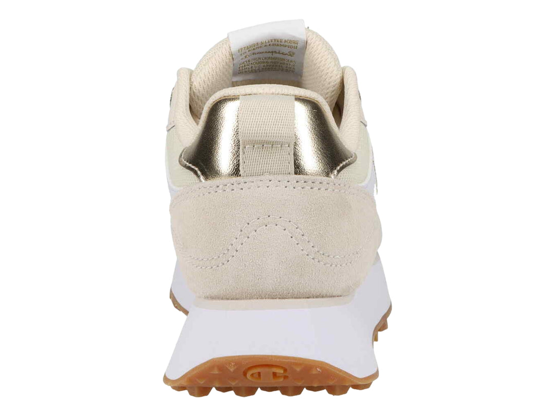 Tenis Champion en colores blanco y beige con detalles dorados y suela dentada color café.