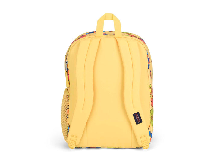 Mochila JanSport amarilla con estampado de flores multicolores en estilo retro y bolsillo frontal.