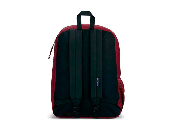 Mochila escolar JanSport color rojo russet con un bolsillo frontal y asa superior negra.