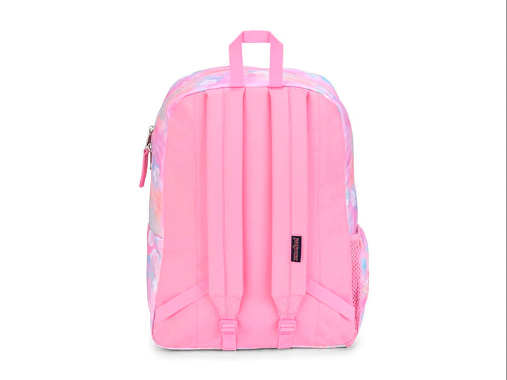Mochila JanSport modelo Cross Town con estampado de flores en tonos rosa, azul y amarillo pastel.