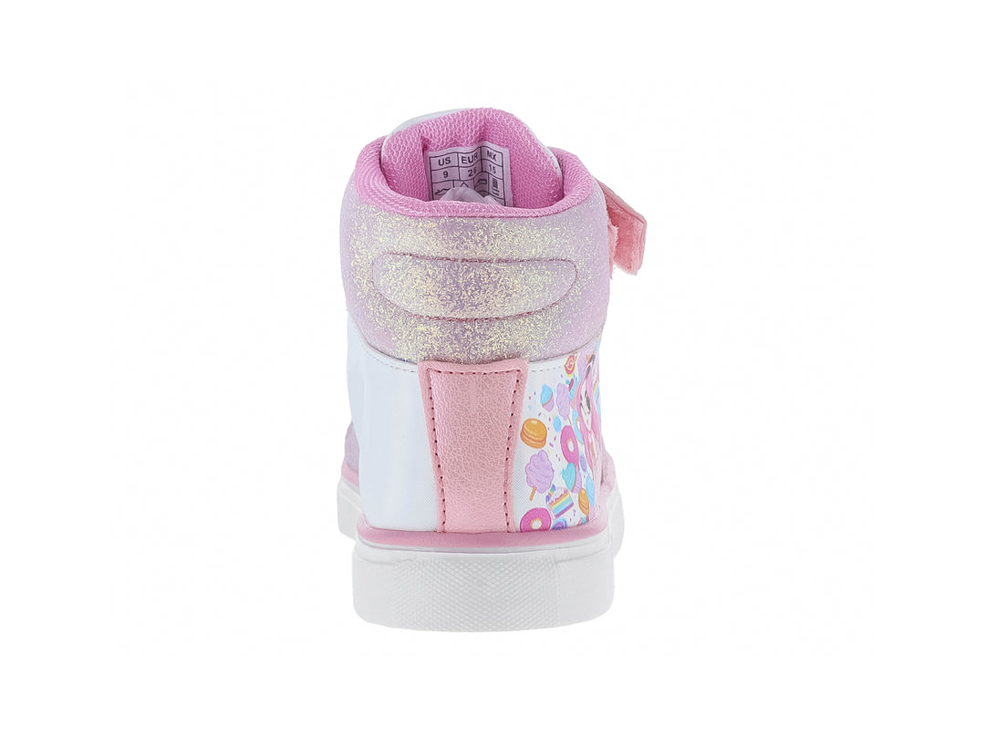 Tenis botín rosa con glitter para niña, diseño Mis Pastelitos con estampado de dulces y personaje animado.