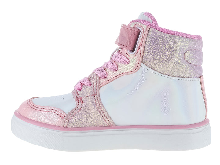 Tenis botín rosa con glitter para niña, diseño Mis Pastelitos con estampado de dulces y personaje animado.