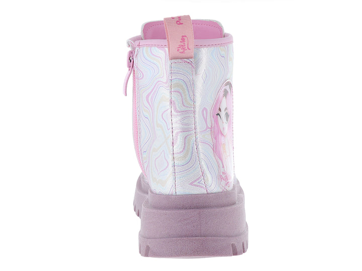 Bota multicolor con estampado de personaje y suela gruesa morada.