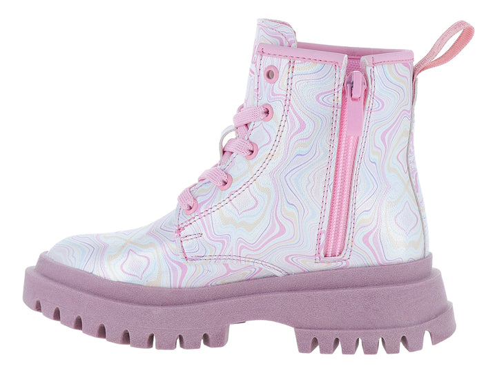 Bota multicolor con estampado de personaje y suela gruesa morada.