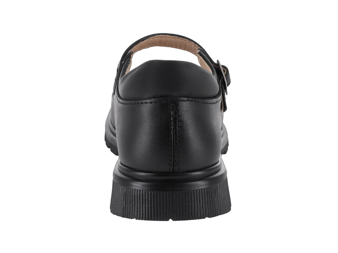Zapato negro para niña estilo Mary Jane con correa, hebilla metálica y detalles decorativos de flores en la punta.