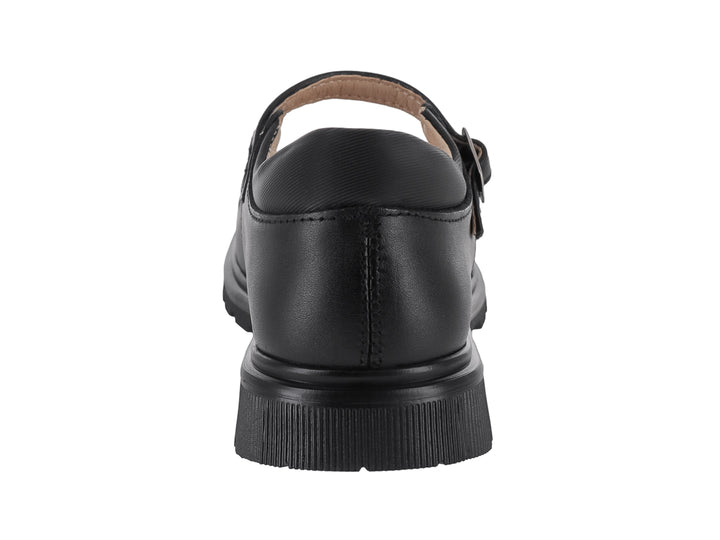 Zapato negro para niña estilo Mary Jane con correa, hebilla metálica y detalles decorativos de flores en la punta.