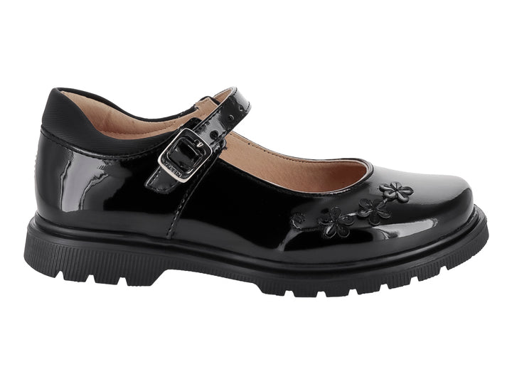 Zapato negro de charol para niña con detalles de flores en la punta y suela track.