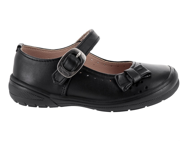 Zapato escolar negro de piel para niña con correa, hebilla y moño decorativo en la punta.