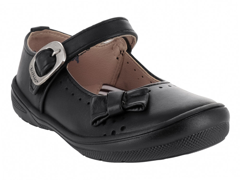 Zapato escolar negro de piel para niña con correa, hebilla y moño decorativo en la punta.