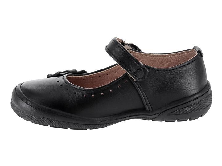 Zapato escolar negro de piel para niña con correa, hebilla y moño decorativo en la punta.