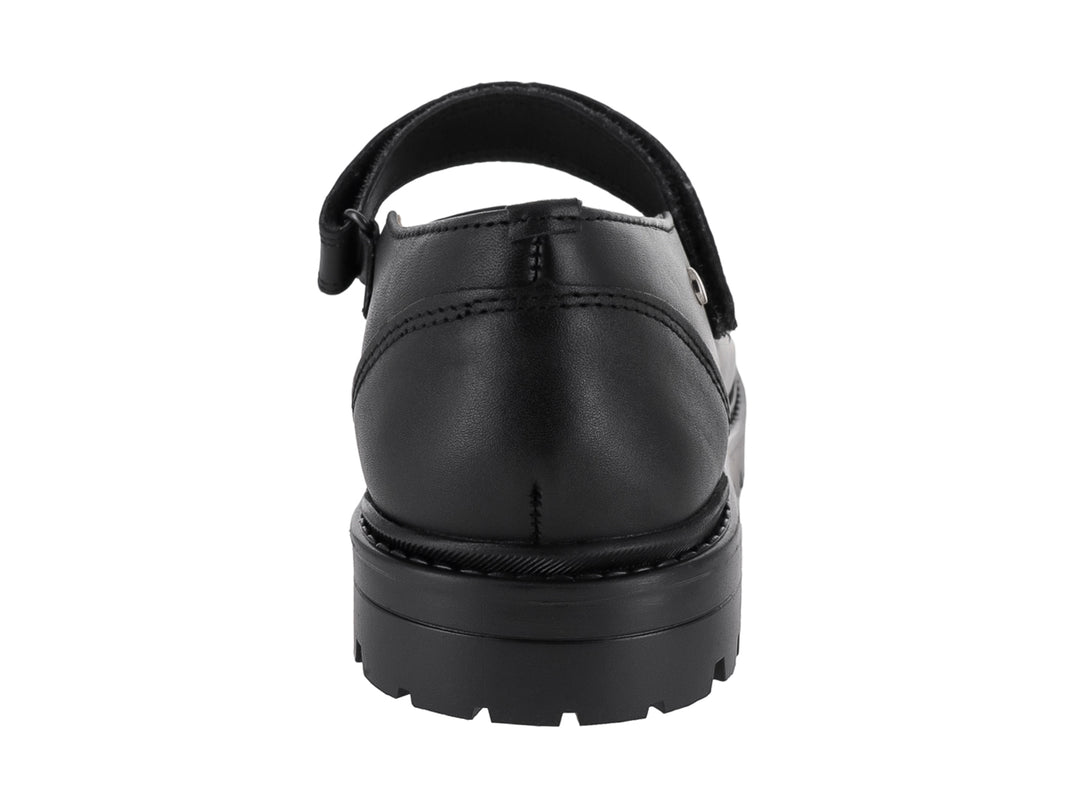 Zapato escolar negro de cuero estilo Mary Jane con suela track gruesa para niños.