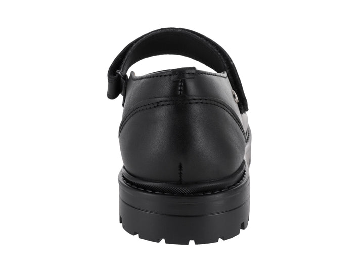 Zapato escolar negro de cuero estilo Mary Jane con suela track gruesa para niños.