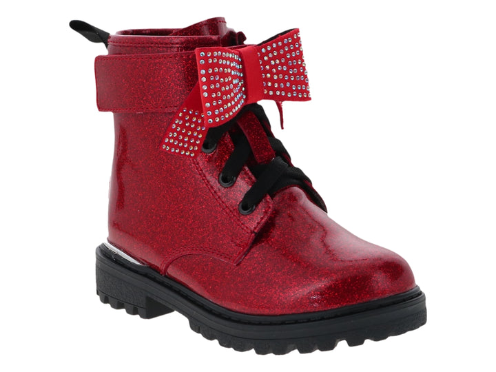 Botas infantiles color rojo con acabado brillante, decoradas con un moño y suela negra dentada.