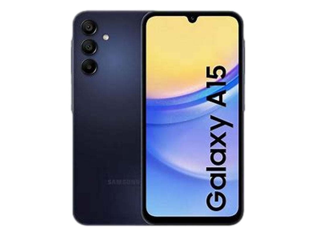 Smartphone Samsung Galaxy A15 en color negro, vista frontal y posterior.