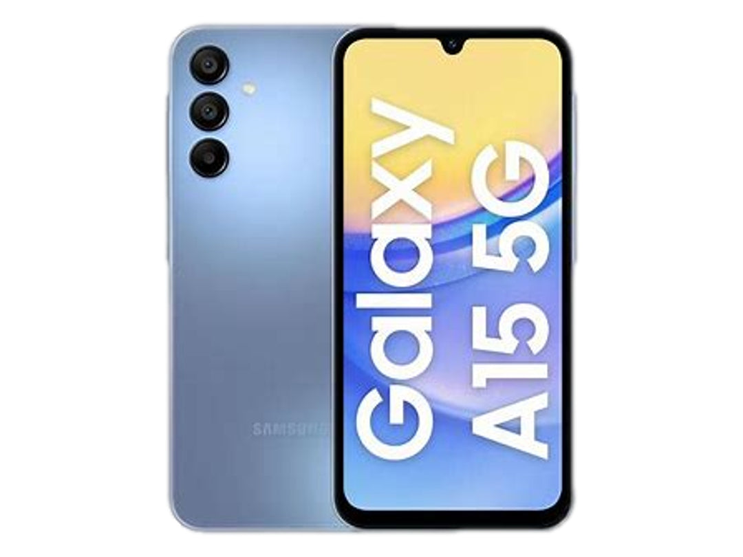Smartphone Samsung Galaxy A15 5G en color azul, vista frontal y posterior.