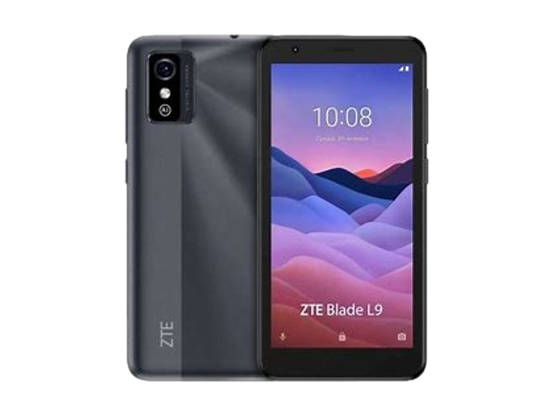 Smartphone ZTE Blade L9 en color gris, vista frontal y posterior sobre fondo blanco.