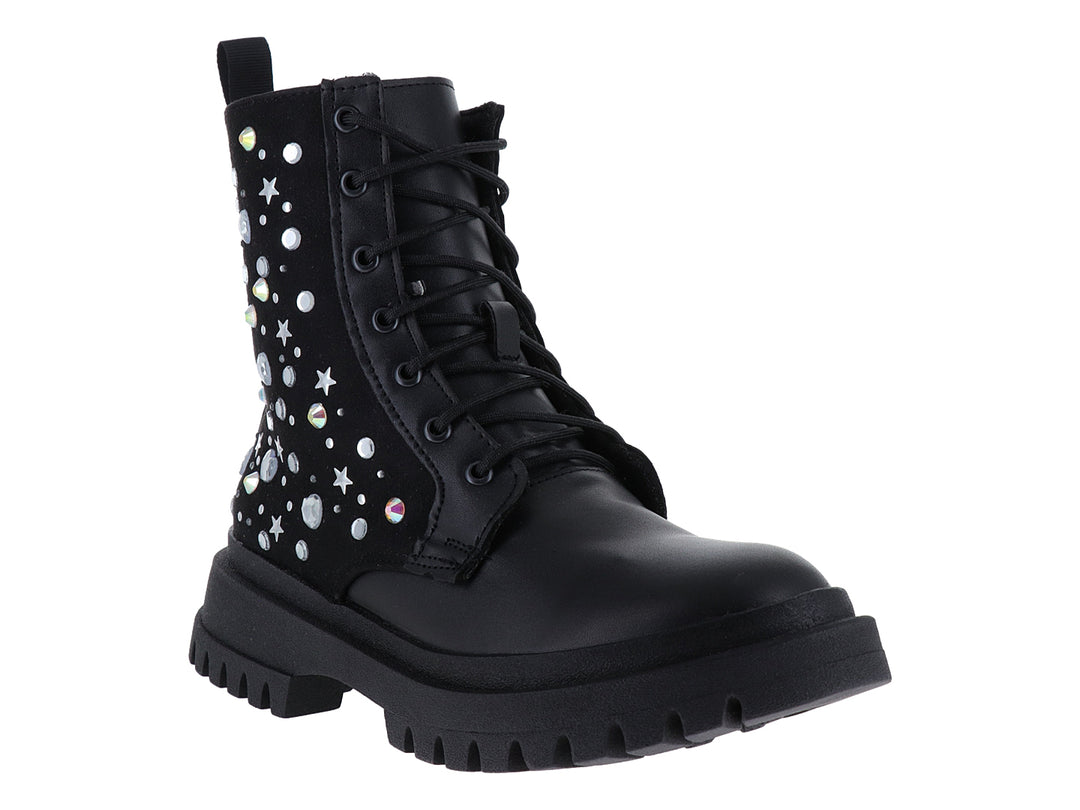 Bota negra de plataforma con cordones y aplicaciones de estrellas y cristales brillantes en la parte posterior.