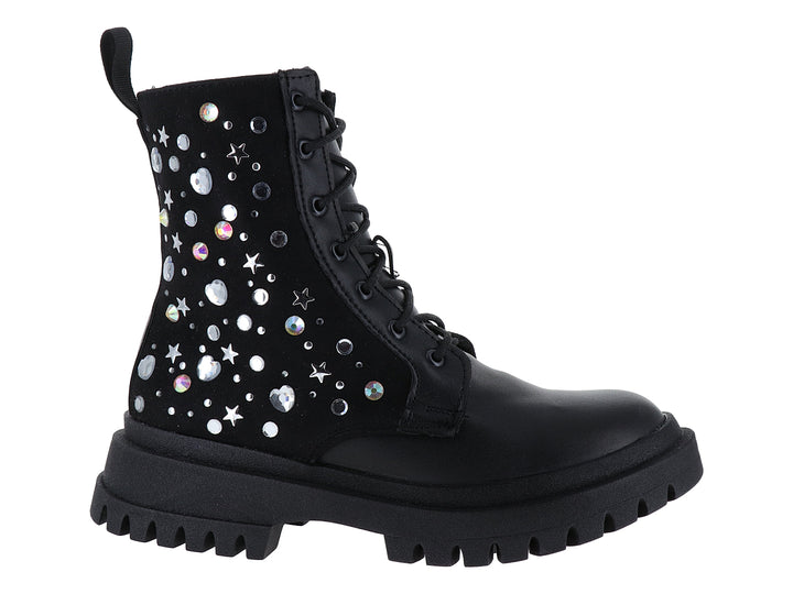 Botas negras de estilo militar con suela track y detalles de cristales brillantes.