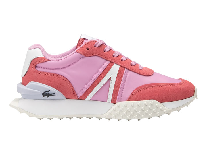 Tenis deportivos Lacoste en tonos rosa y blanco con suela blanca texturizada.