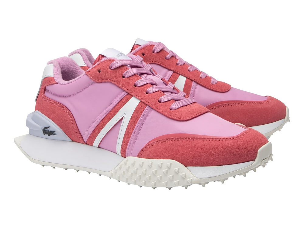 Tenis deportivos Lacoste en tonos rosa y blanco con suela blanca texturizada.